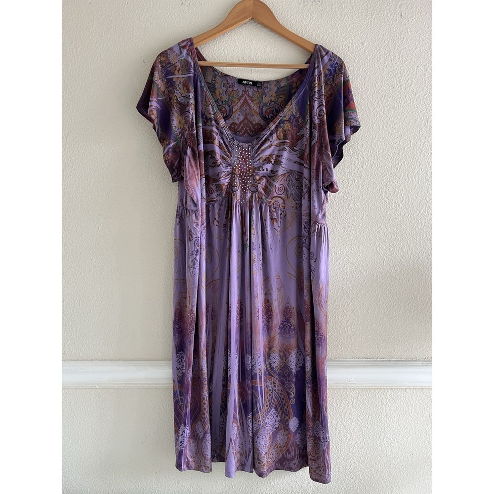 APT 9 Womens 2X Purple Paisley Mini Dress Rhinestone Empire Waist Boho Stretch